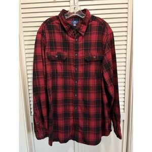 George Flannel Plaid Black/Red Size 3XLT (54-56) Pockets Cotton Button Up